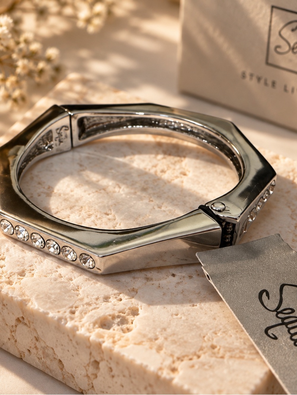 Silver Crystal-Stud Hexagon Bangle Bracelet